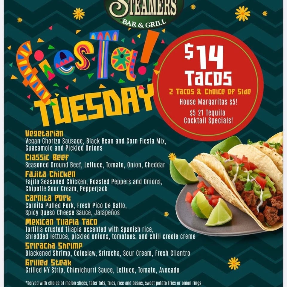 GS Steamers Bar & Grill's Fiesta Tuesday menu with tacos and drink specials.