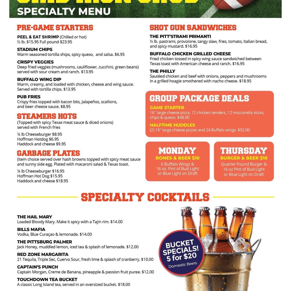 A menu for GS Steamers Bar & Grill, featuring appetizers, sandwiches, package deals, and cocktails.