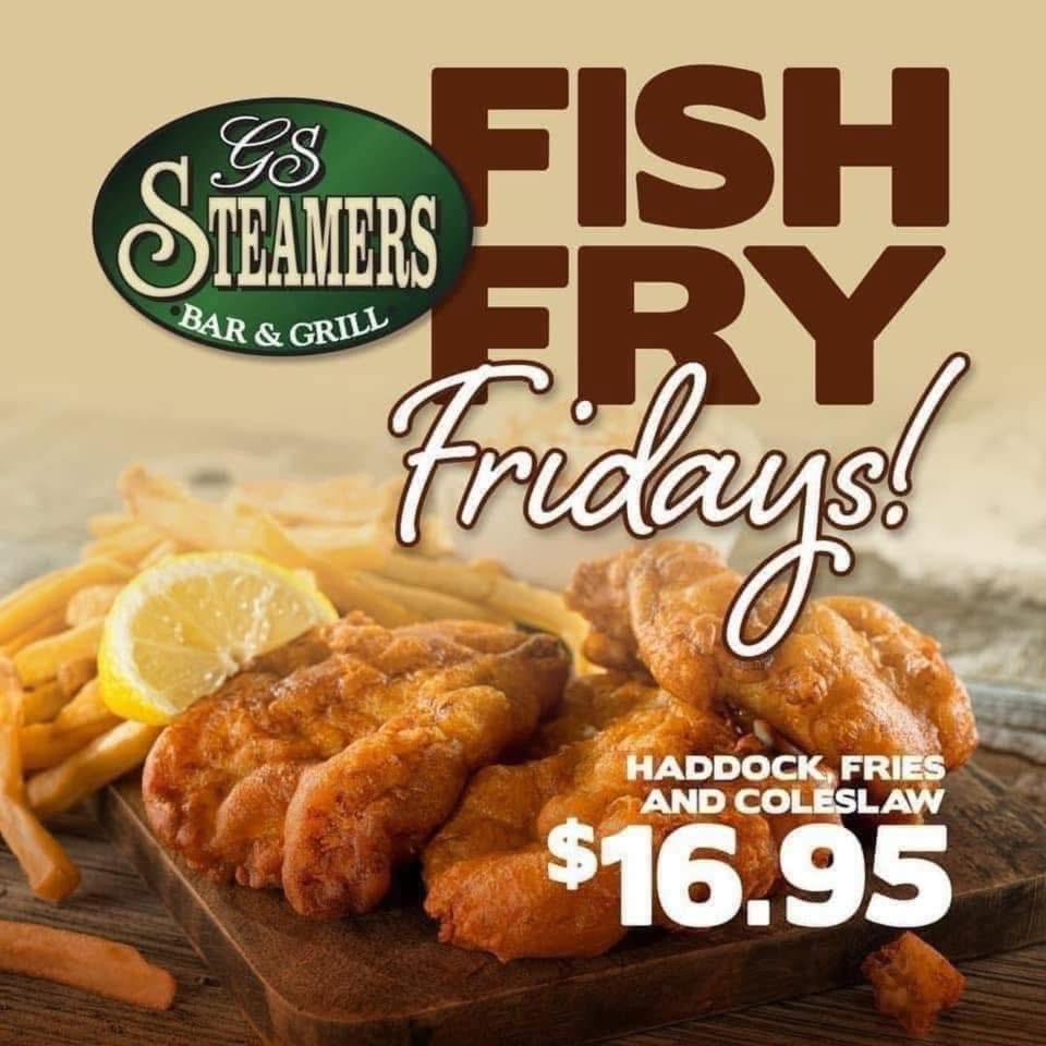 GS Steamers Bar & Grill's Fish Fry Fridays promotion, featuring fried haddock, fries, and a lemon wedge.